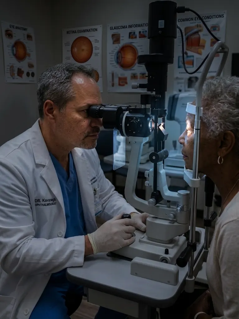 Dr. Kavanagh at the slit lamp in a darkened exam room